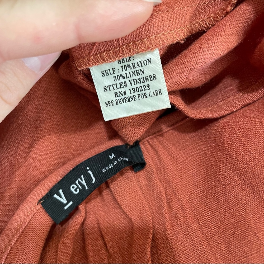 Linen Blend Rust Ruffle Long Sleeve Dress - Picture 6 of 7